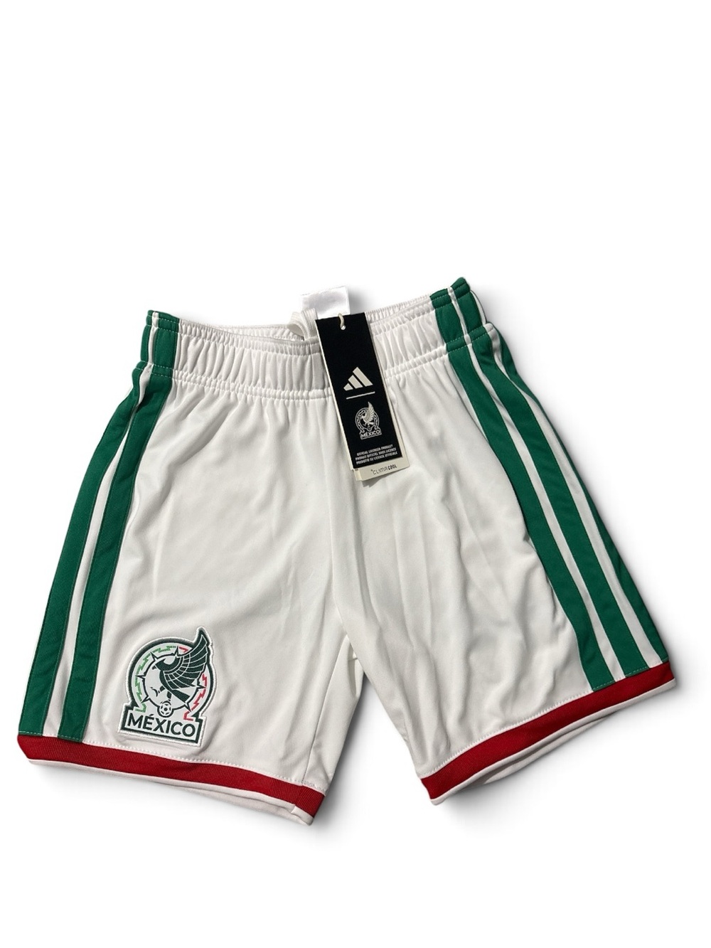 ADIDAS Boys White Mexico National Team Shorts with Green Stripes and Red Trim